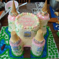 Castle Cake All cake except obvious ice cream cones and chocolate door. Used cans as molds and skewers to anchor the towers. piping gel for water and...