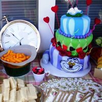 Alice In Wonderland Topsy Turvey Cake Alice's is falling down the rabbit hole on top! The bottom layer is the cheshire cat, tail and all! I can't find a better close...