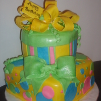 Polka Dots And Strips Present 8 in square chocolate with chocolate buttercream and 6 in round butter with buttercream. Polka dots and stripes with bows.