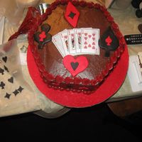 Cake For A Card Party Hex formed yellow cakes with chocolate icing with gumpaste and frosting card sheets decorations.