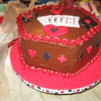 Cake For A Card Party Hex formed yellow cakes with chocolate icing with gumpaste and frosting card sheets decorations.