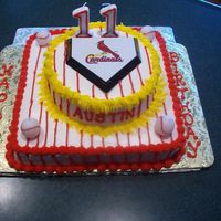 Cardinal's Birthday Cake I made this for my grandson, Austin for his 11th birthday. He loves the St. Louis Cardinals baseball team.I wanted to use two bat candles...
