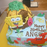 Spongebob And Friends White cake 4 layers with peach filling, buttercream icing - Characters are Royal Frosting, pineapple is rkt covered with buttercream