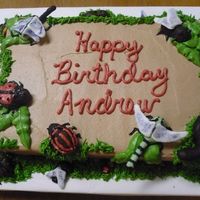 Bug Cake Chocolate cake/BC frosting and decorations. Bugs are peanut butter balls made into shapes and dipped in chocolate, painted with tinted...