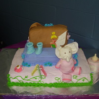 Baby Shower cake diaper bag, krispy treat animal, chocolate bottle, gumpaste foofoo