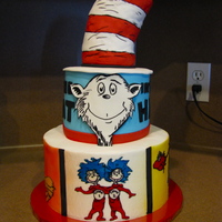 Dr. Seuss cake is 6 over 9 covered in buttercream.....hat is rkt covered in fondant, images are edible images enhanced with edible markers.......and...
