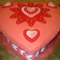 Heart_Cake_2009_21A.jpg Cake covered in fondant and decorations are fondant cut-outs. Used a Heart shaped fondant crimper for the edge the cake and to imprint the...