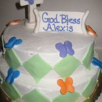 Baptism Cake Customer wanted non-trad. pastel colors. Cake is a "funfetti" like cake, with lemon and raspberry filling. Fondant accents,...