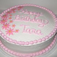 White Cake W/white Buttercream, Fresh Strawberry Filling And Pink Fondant Accents. 