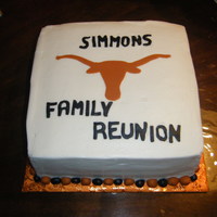 Longhorns Family Reunion This is a marble cake with chocolate filling. Cover in buttercream with fondant longhorn and letters.