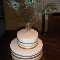 Peacock Feather Birthday Cake Cookies and cream cake with buttercream frosting. Decor with ribbon and peacock feathers.