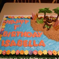Bella's Luau cake iced in buttercream with buttercream grass skirt and fondant accents, RKT monkey covered in fondant, pretzle rod palm tree trunk with...