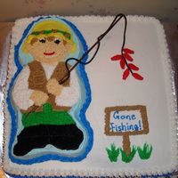Gone Fishing Retirement Cake Fisherman was made w/wilton's little hero's cake pan, on top of a 16x16 square pan, all BC frosting.