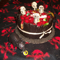 Spooky Cake Barrel cake, licorice sides, cherry pie filling with a touch of cocoa added as blood and blood clots, gummy worms, gummy teeth, and gummy...
