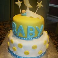 Baby Shower Cake gumpaste baby, blanket, letters, moon and starsquilt pattern with buttons on bottom