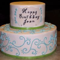 Blue Scroll, Green Polka Dots Cake made to match invitation color scheme and design. Gum paste "name plate"