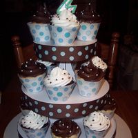 Polka Dots For A Boy. Handmade Cupcake Wrappers With Dots Printed On Sheer Paper. Paper cake stand with ribbon glued on the sides. Homemade fudge...