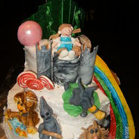 Wizard Of Oz white cake covered in buttercream all figures and accents hand made in mmf and gumpaste, loved this one until the buttercream started to...