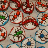 Creepy Crawly Cup Cakes white cake with whipped frosting...bugs are made of chocolate and m&m's