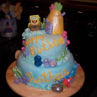 Spongebob Spongebob two tier fondant with gumpaste/fondant decorations and store bought SB and Patrick