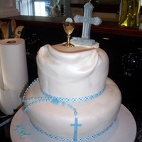 Boys First Communion Cake Fondant covered two tier with store bought chalice, cross and rosary