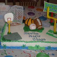 Boys Sports Cake Made this for friend, all three or her boys have birthdays in same month. Sports equiptment was first time covering RKT with fondant....