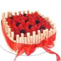 Raspberries And Blackberries White cake with raspberry filling covered in chocolate icing then pirouette cookies. topped with fresh raspberries and blackberries.