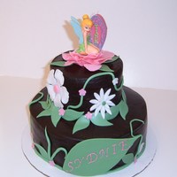 Tinkerbell chocolate cake with chocolate buttercream covered in dark chocolate buttercream, fondant accents and tink candle
