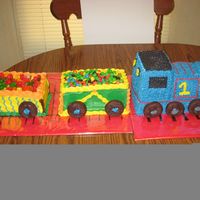 Thomas The Train All buttercream. I just baked sheet cakes, cut and stacked them. My three year old grandson is nuts about Thomas and he LOVED his cake!