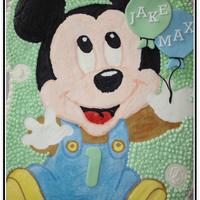 Baby Mickey 1st birthday cake for twins. The design is based on the napkins and plates. Vanilla and chocolate cake, chocolate pudding, IMBC, FBCT,...