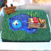 Caston's Summer Is Here! This is a double layer cake, with a piping gel lake, The splash around the feet is piping gel and BC. This is covered in BC, grass tip,...