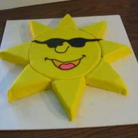 Sunshine This is a 10 inch round, covered in fondant, with another 10 inch cut in pie peices, then cut with the cake pan on the backside (larger...