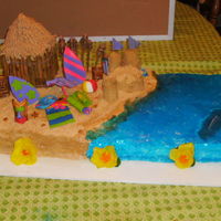 Luau Cake This cake is 2 layer buttercream filled, covered in piping gel and graham crackers, everything is gumpaste/fondant, the tiki hut and sand...