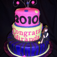 Funky Stripes Grad Cake 12, 8 & 6" with hand modeled graduate. She played softball in school, so gave her a softball and bat. Made for my only babysitter...