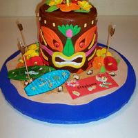 Tiki God Luau Cake The tiki god is a 4 layer Dark Chocolate WASC cake sitting on a 5" dummy base. Covered in vanilla cream cheese BC and chocolate...