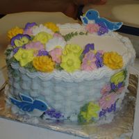 Wilton Course 2 Finale Cake I think I did great! lol I hope I'm not the only one that thinks that! Color Flow birds, royal icing flowers, buttercream basketweave...