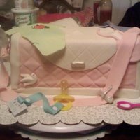 Diaper Bag This cake was made for my niece. Lemon cake with MMF. The pacifer, spoon and laces on the shoes are the only things not edible. My neice...