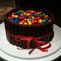 Kitkat Barrel Cake This is the definition of chocolate overload. Chocolate cake, with choco b/c wrapped in kitkat bars, with mm's in the center