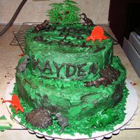 Dinosaurs A two tier dinosaur cake. My hand writing looks aweful in this pic. I need to improve but the cake was fun.