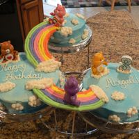 Care Bear Birthday Cake Daughter's 3rd birthday cake. 6" and 2 - 8" rounds on Wilton cake stand. Decorated in BC and then with Wilton blue color...