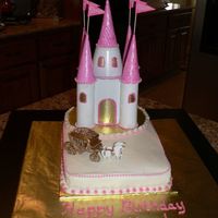 Castle Birthday Cake 9x13 iced in BC with pink pearl accents. Castle was made ahead of time out of paper towel rolls and ice cream cones that were painted....