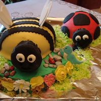 Bugs Lemon bee cake with lemon fondant. Chocolate ladybug with cherry fondant. Made with sports ball pan. Heads were cupcakes covered in fondant...