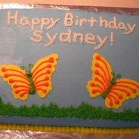 Butterfly Cake For my daughter's 6th birthday. Tried to make the writing look like sky writing.