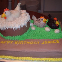 Chicken Birthday Cake A cherry cake is the chicken nest on top of a chocolate cake. The chickens are rice krispie treats covered with candy clay.