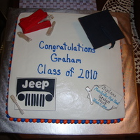 High School Graduation Graduation cap, diploma, and jeep symbol are made of fondant and then put on buttercream icing. Tools and tool box are made of candy...