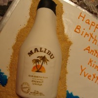 Malibu Rum Bottle Yellow sheet cake with white buttercream icing, Chocolate cake was carved into a bottle shape and covered in fondant, the sand is graham...