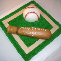 Baseball Diamond white cake, bc icing, ball made of wilton ball pan covered in bc and mmf, bat made of rct covered in bc and mmf