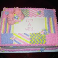 Baby Shower Cake With Chocolate Booties Buttercream Baby Shower Cake - Quilt Design with Pink White Chocolate Booties.