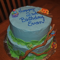 Tree Frog Tree frog cake w/ buttercream icing and fondant leaves and tree branch with gumpaste frogs.