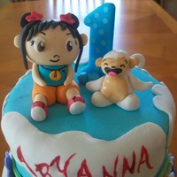 Ni Hao Kai Lan Ni Hao Kai Lan themed cake for a 1 year old girl. Hand made figurines from gumpaste. The rest of the cake is covered in Satin Ice fondant....